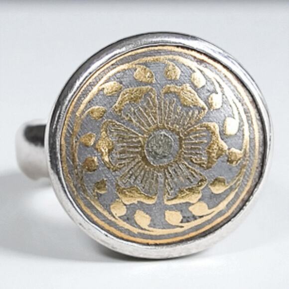 Vintage 925 Silver Signet Flower Ring Gold Plated Accent Size 9 Two Tone - Picture 6 of 8